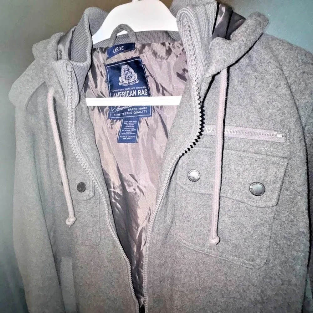 American Rag CIE 1984 Wool Blend Hooded Jacket Mens Large Gray Full Zip Coat